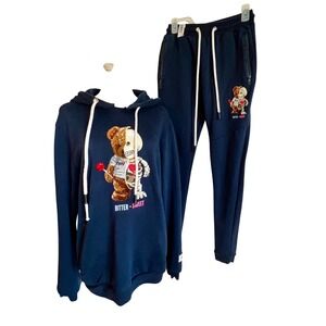 Fifth Loop Bitter-Sweet Navy Blue Teddy Bear Skeleton Hoodie Joggers Set Men M/S